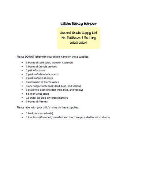 2nd grade supply list